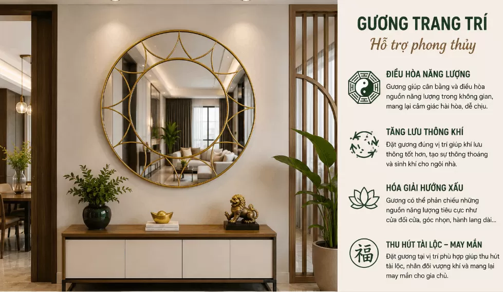 Gương soi trang trí hỗ trợ yếu tố phong thủy